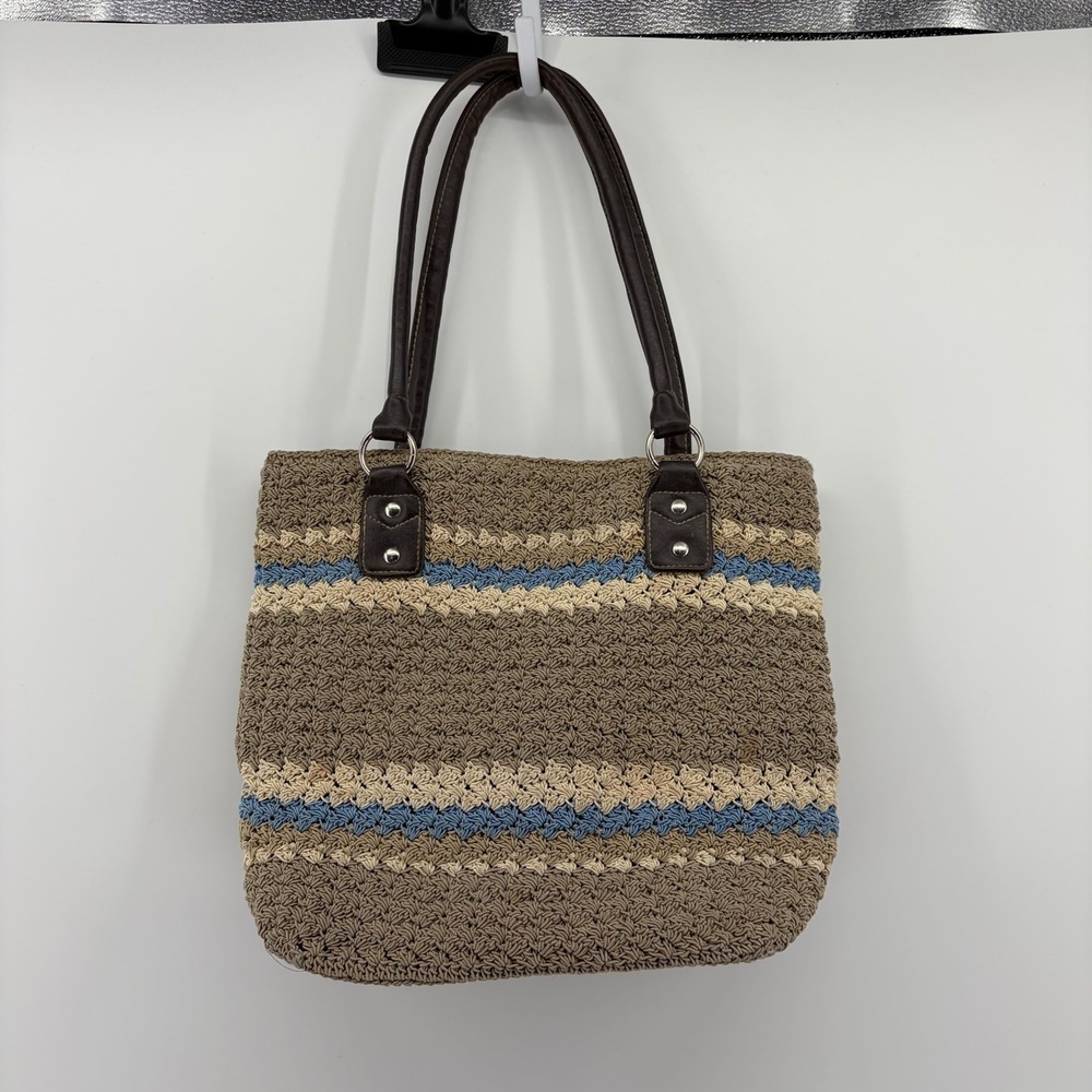 Crocheted Striped Tote Bag Brown Tan Blue Faux Leather Handles - Picture 2 of 8